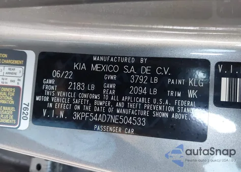 2022 Kia Forte Gt-Line from USA, damaged, VIN 3KPF54AD7NE504533